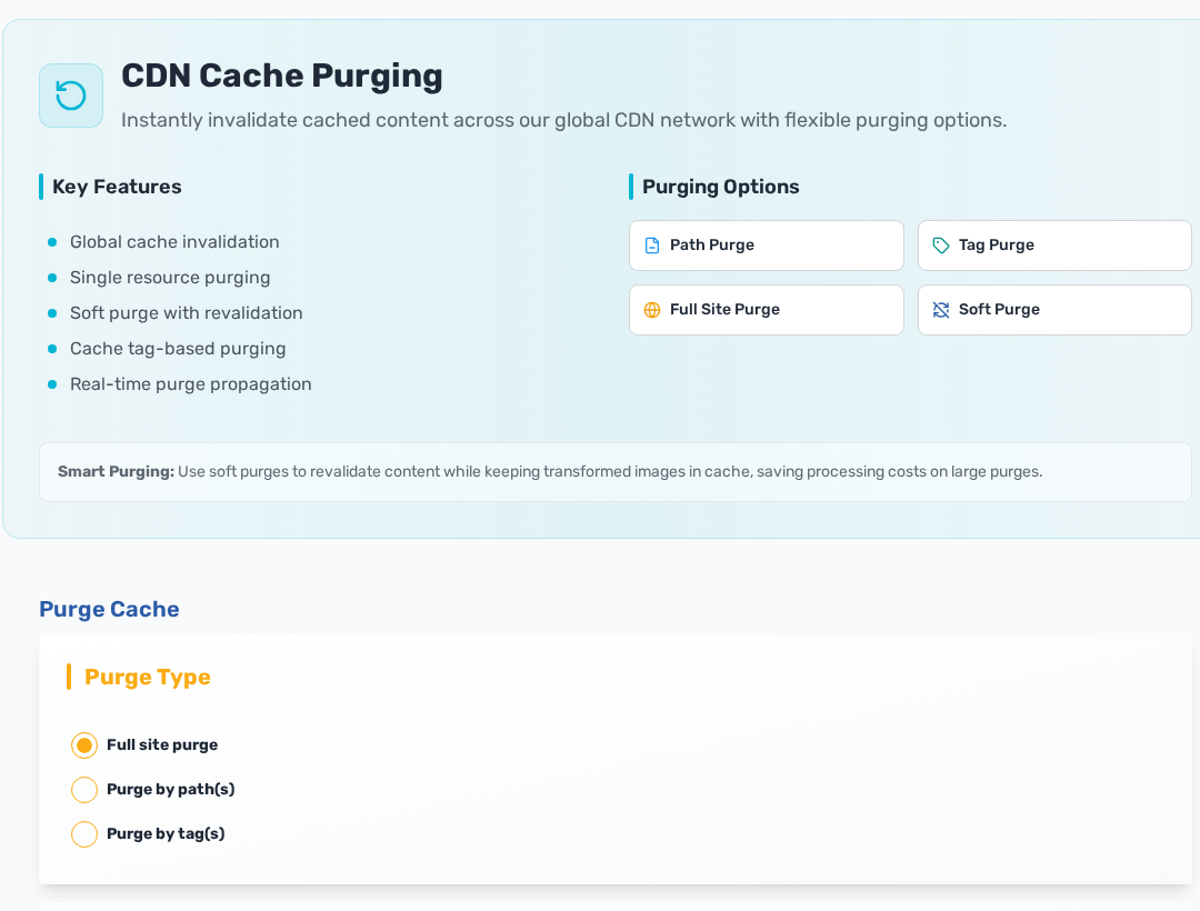 Cache purge controls for full site purge single resource purge and cache tag purge