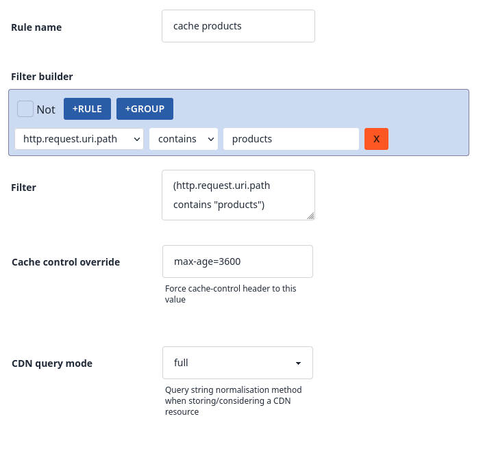 URL configuration rule builder showing cache control override fields