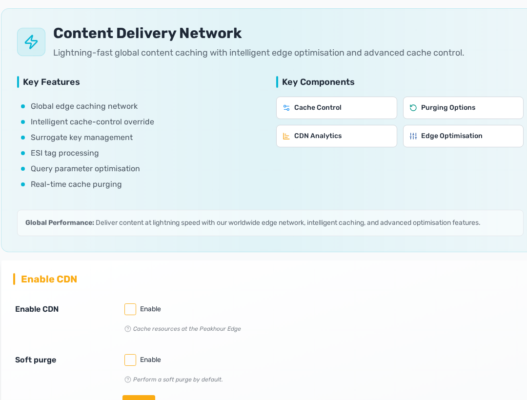 Content Delivery Network settings screen with cache control and purge options