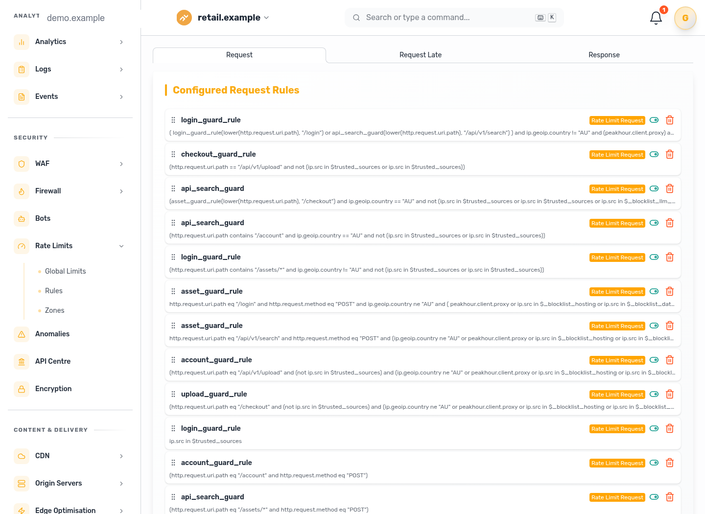 Global rate limiting screen with available key controls and rule configuration