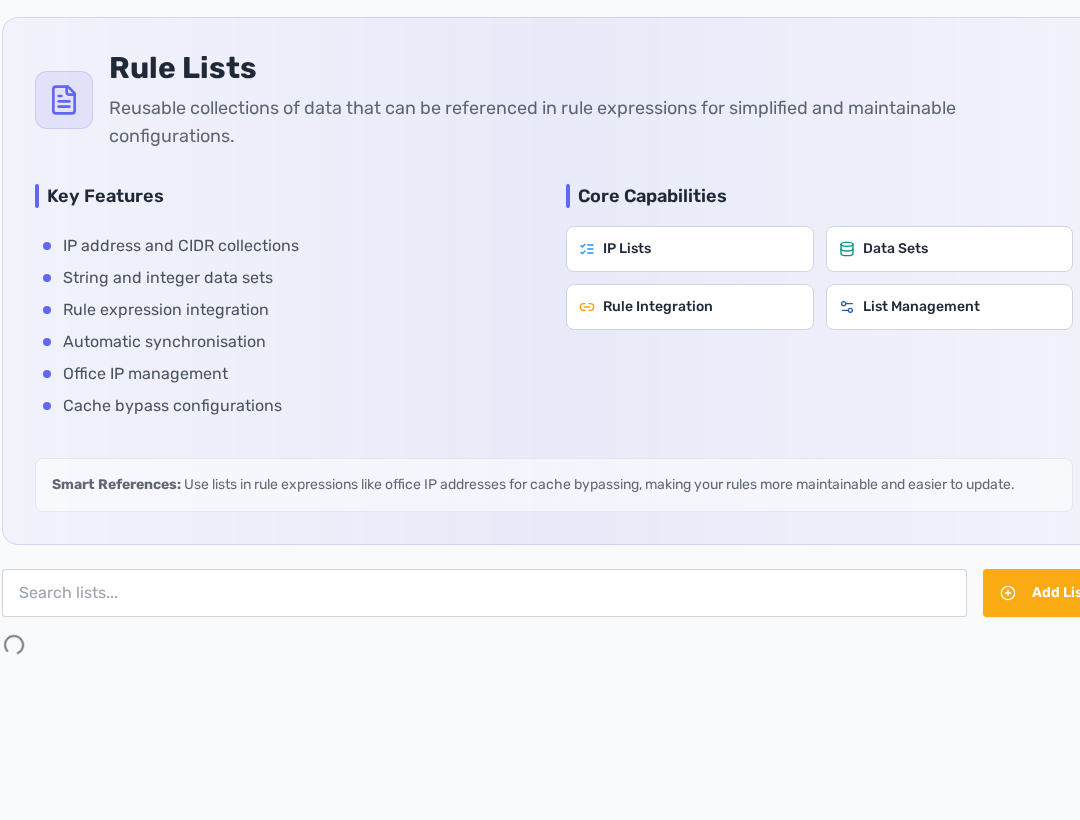 Rule Lists screen with list search and list creation controls
