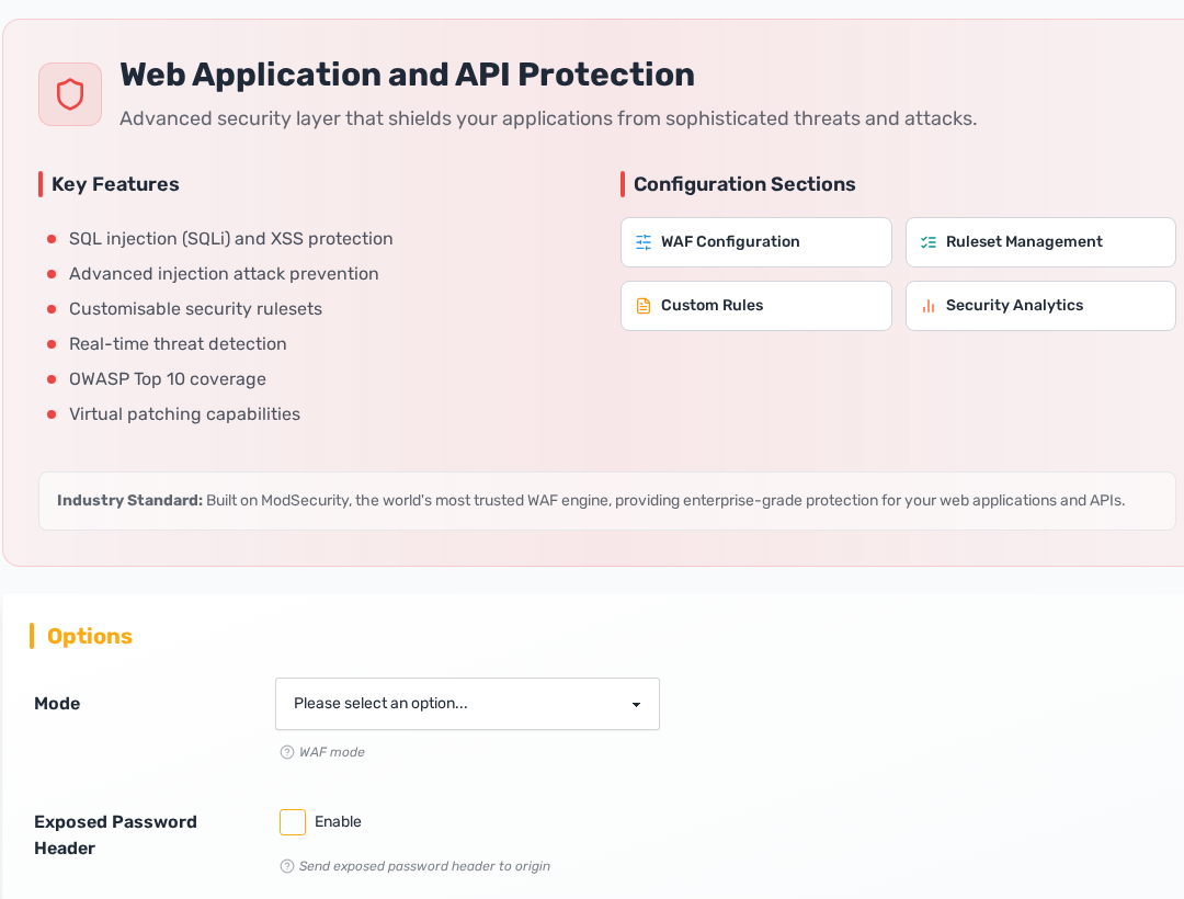 OWASP web application firewall settings with blocking mode and rule group controls